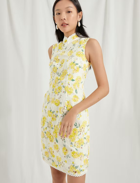 09 Floral Sleeveless Mandarin Collar Dress - Yellow