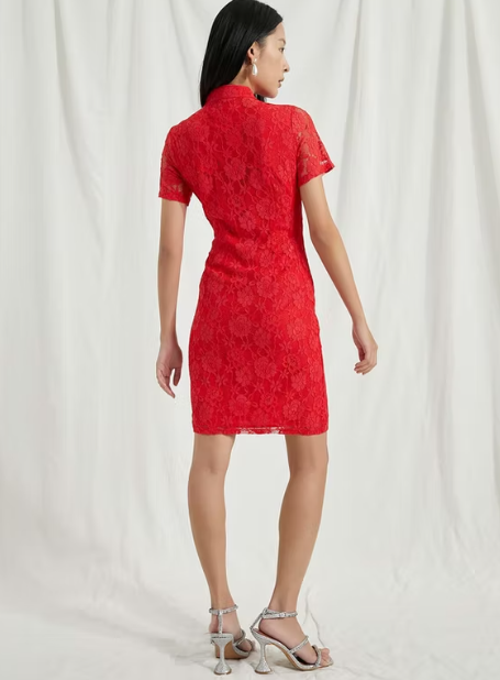 10 Short Sleeve Lace Mini Dress - Red