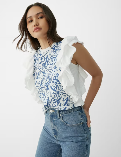 13 Sustainable Sleeveless Ruffles Floral Tee - White